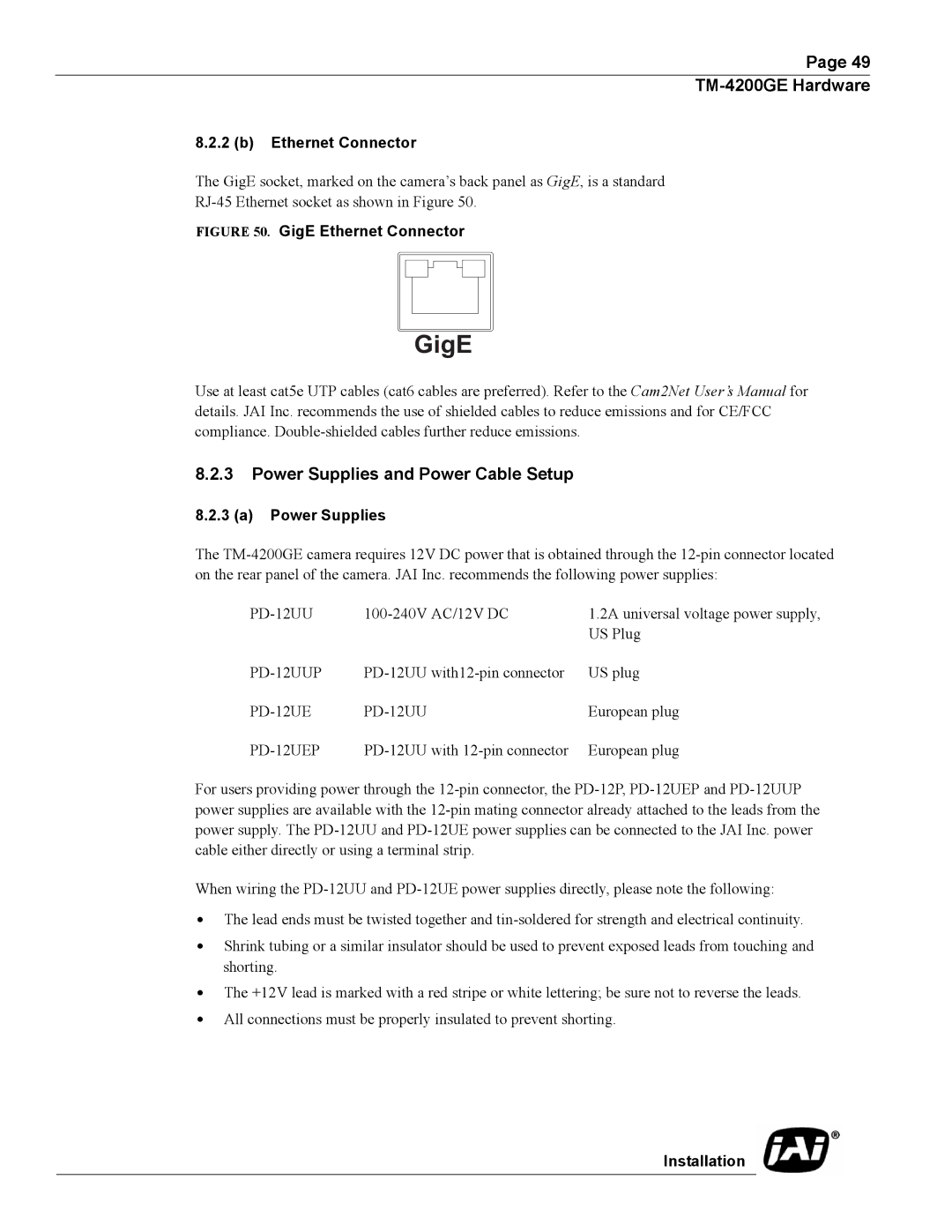 JAI TMC-4200GE operation manual Power Supplies and Power Cable Setup, Ethernet Connector 