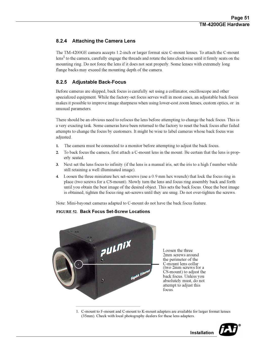 JAI TMC-4200GE operation manual TM-4200GE Hardware Attaching the Camera Lens, Adjustable Back-Focus 