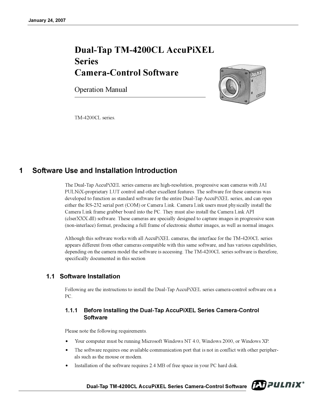 JAI TM/TMC-4200CL operation manual Software Use and Installation Introduction, Software Installation 