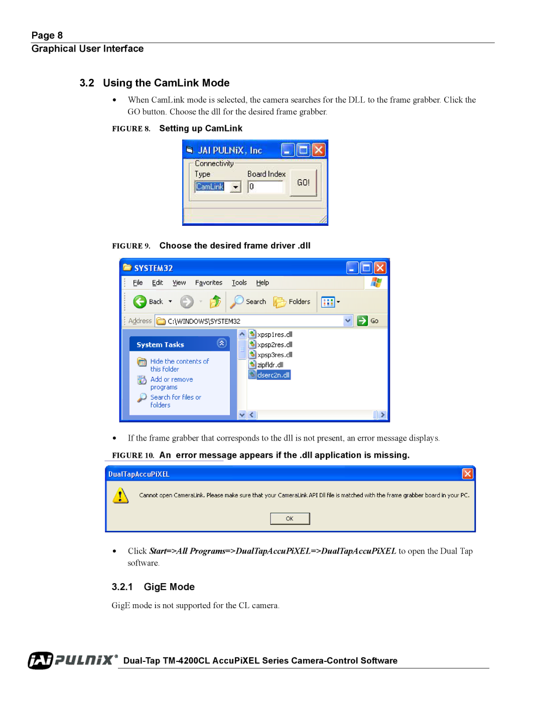 JAI TM/TMC-4200CL operation manual Using the CamLink Mode, GigE Mode 