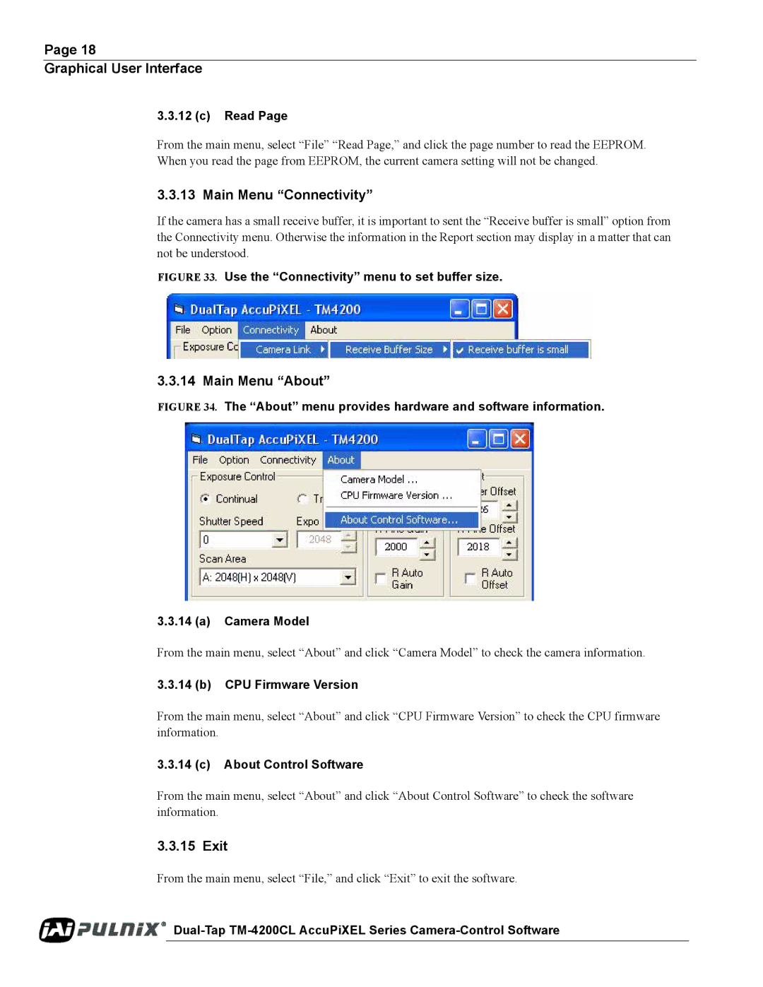 JAI TM/TMC-4200CL operation manual Main Menu Connectivity, Main Menu About, Exit 