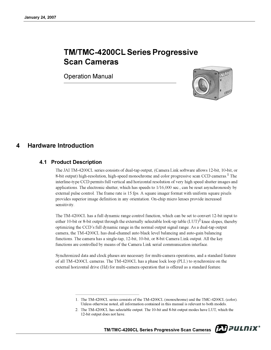 JAI operation manual Hardware Introduction, Product Description, TM/TMC-4200CL Series Progressive Scan Cameras 