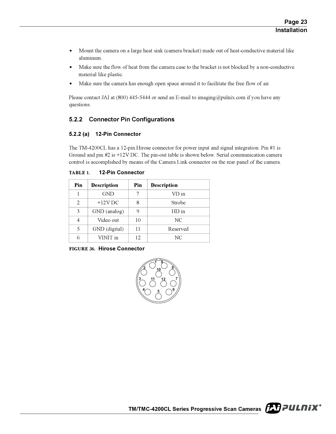 JAI TM/TMC-4200CL operation manual Connector Pin Configurations, 2 a 12-Pin Connector, Pin Description 