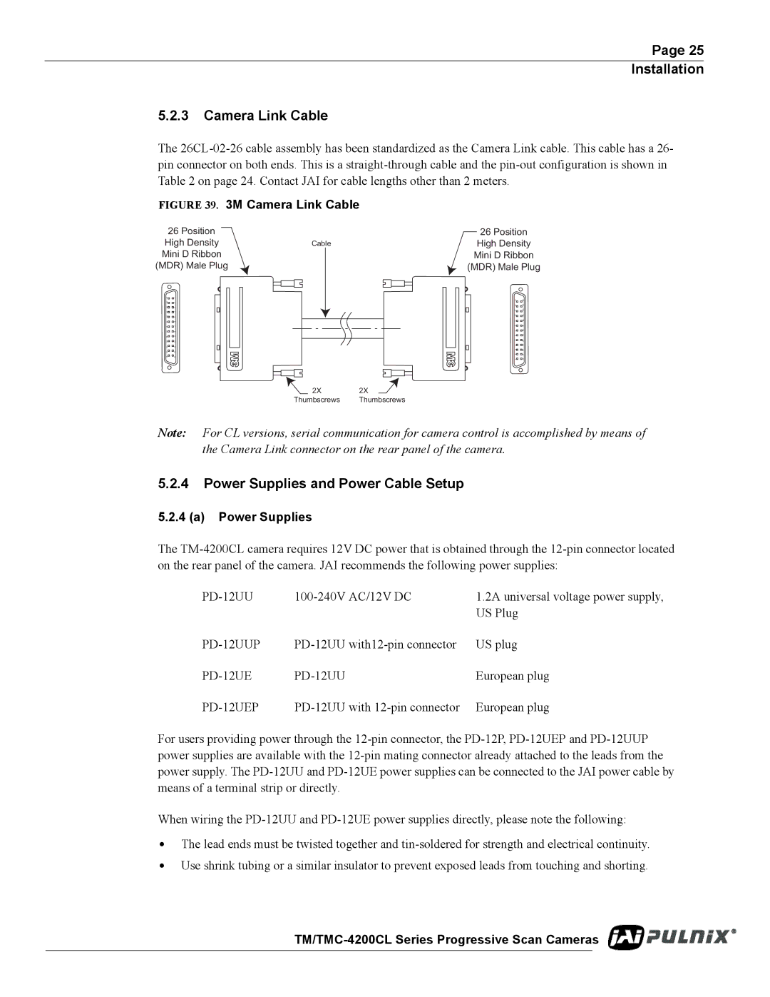 JAI TM/TMC-4200CL operation manual Installation Camera Link Cable, Power Supplies and Power Cable Setup 