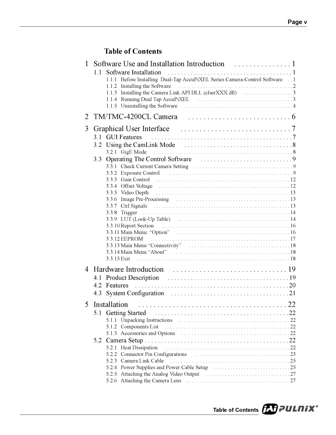 JAI TM/TMC-4200CL operation manual Table of Contents 