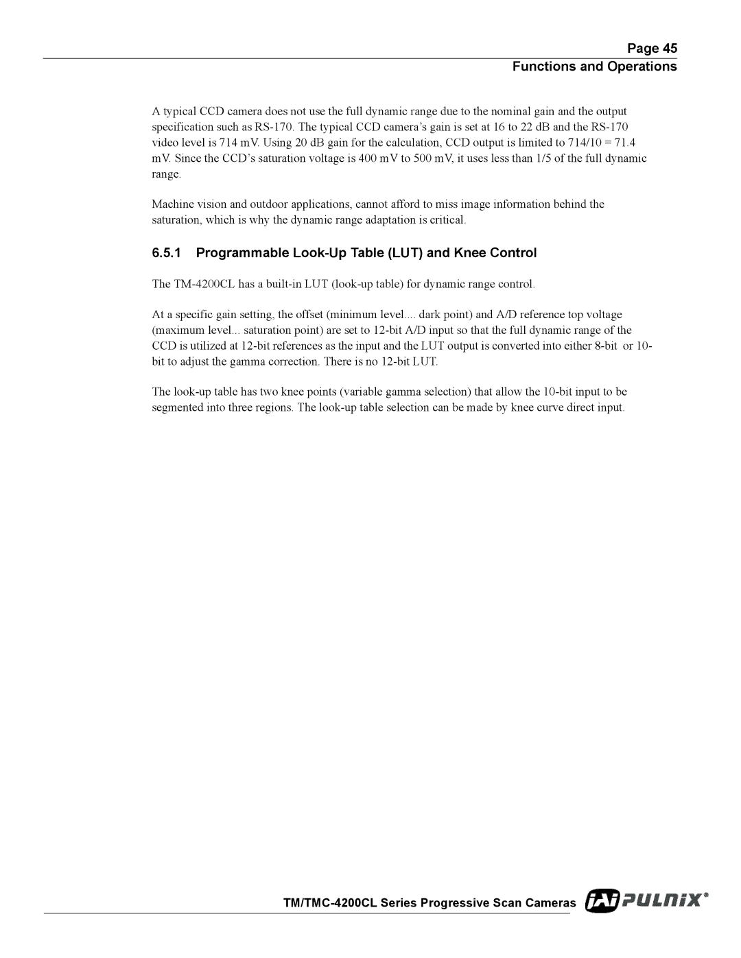 JAI TM/TMC-4200CL operation manual Programmable Look-Up Table LUT and Knee Control 