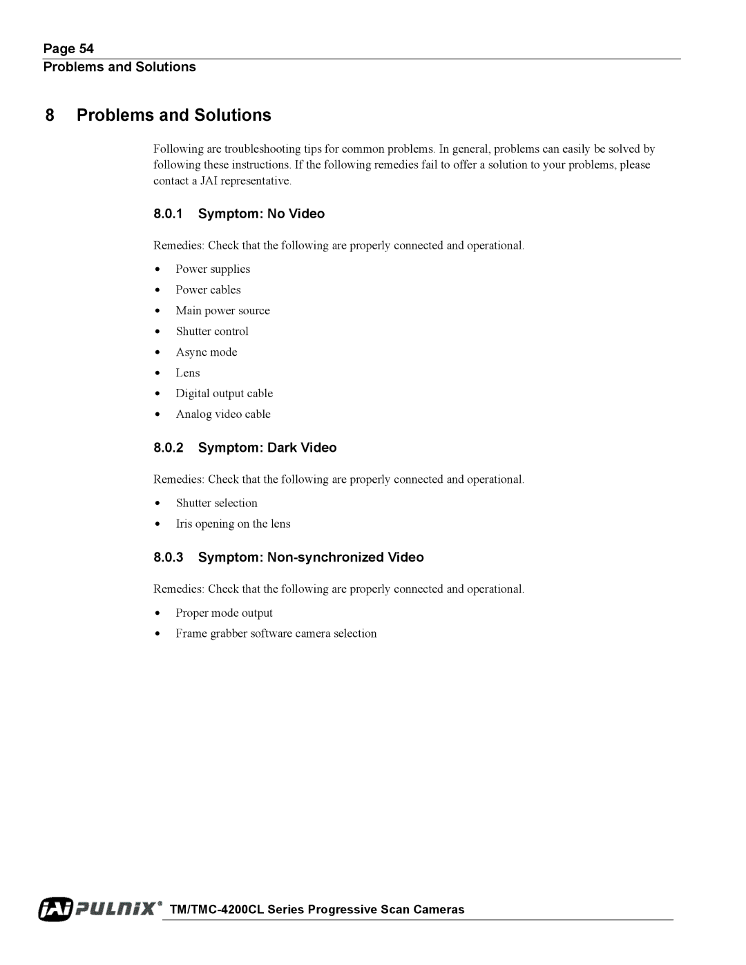 JAI TM/TMC-4200CL Problems and Solutions, Symptom No Video, Symptom Dark Video, Symptom Non-synchronized Video 