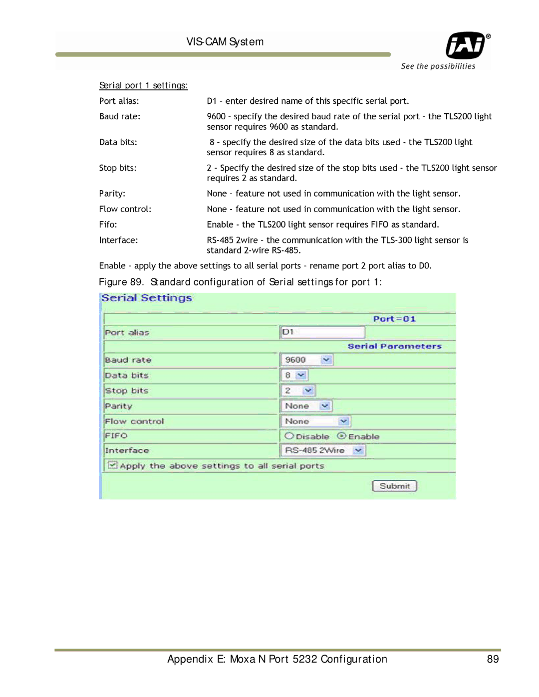 JAI TS-2030EN, TS-9720EN, TS-1327EN manual Standard configuration of Serial settings for port, Serial port 1 settings 