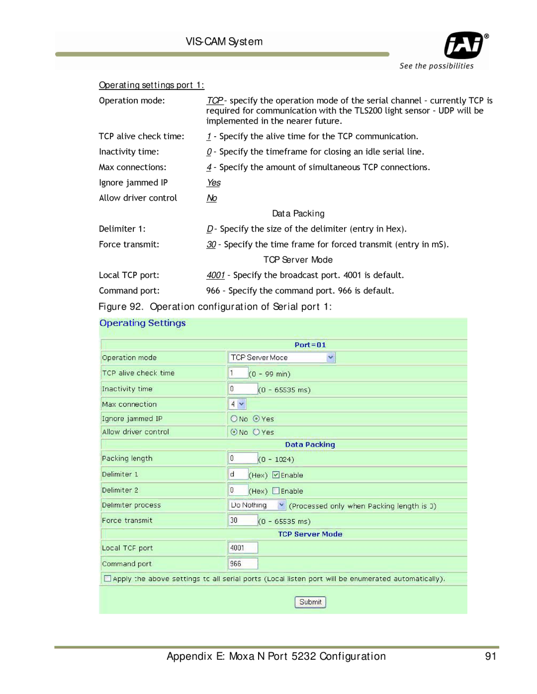 JAI TS-1327EN, TS-9720EN, TS-2030EN manual Operating settings port, Data Packing, TCP Server Mode 