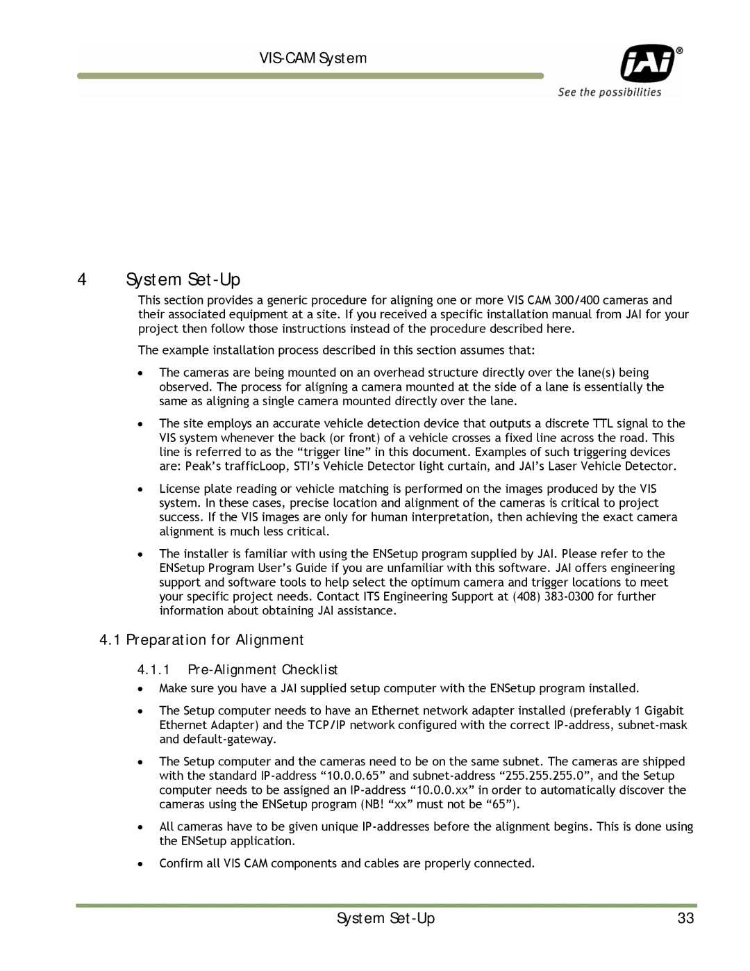 JAI TS-9720EN, TS-1327EN, TS-2030EN manual System Set-Up, Preparation for Alignment, Pre-Alignment Checklist 