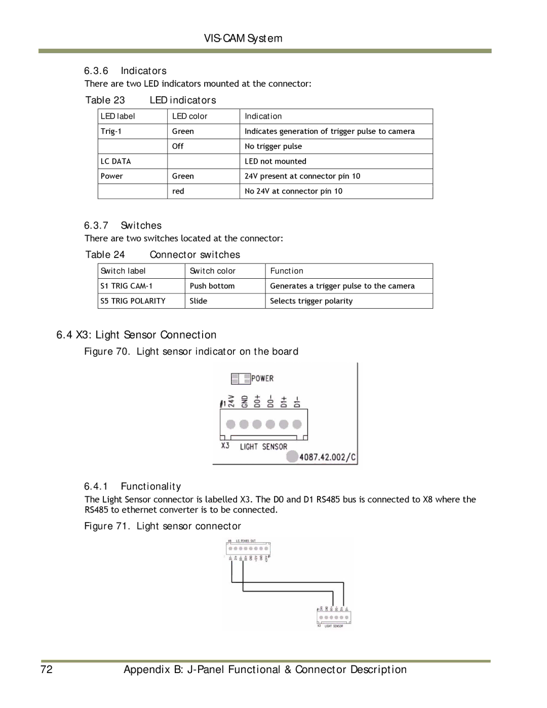 JAI TS-9720EN, TS-1327EN, TS-2030EN manual X3 Light Sensor Connection, Connector switches 