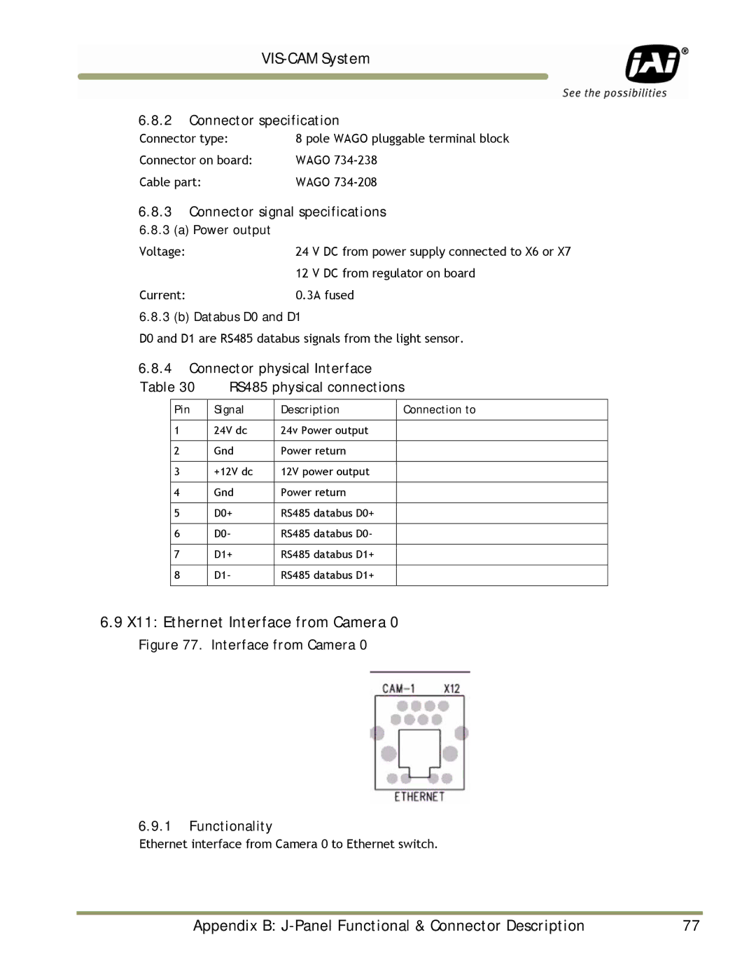 JAI TS-2030EN, TS-9720EN manual X11 Ethernet Interface from Camera, Connector physical Interface RS485 physical connections 