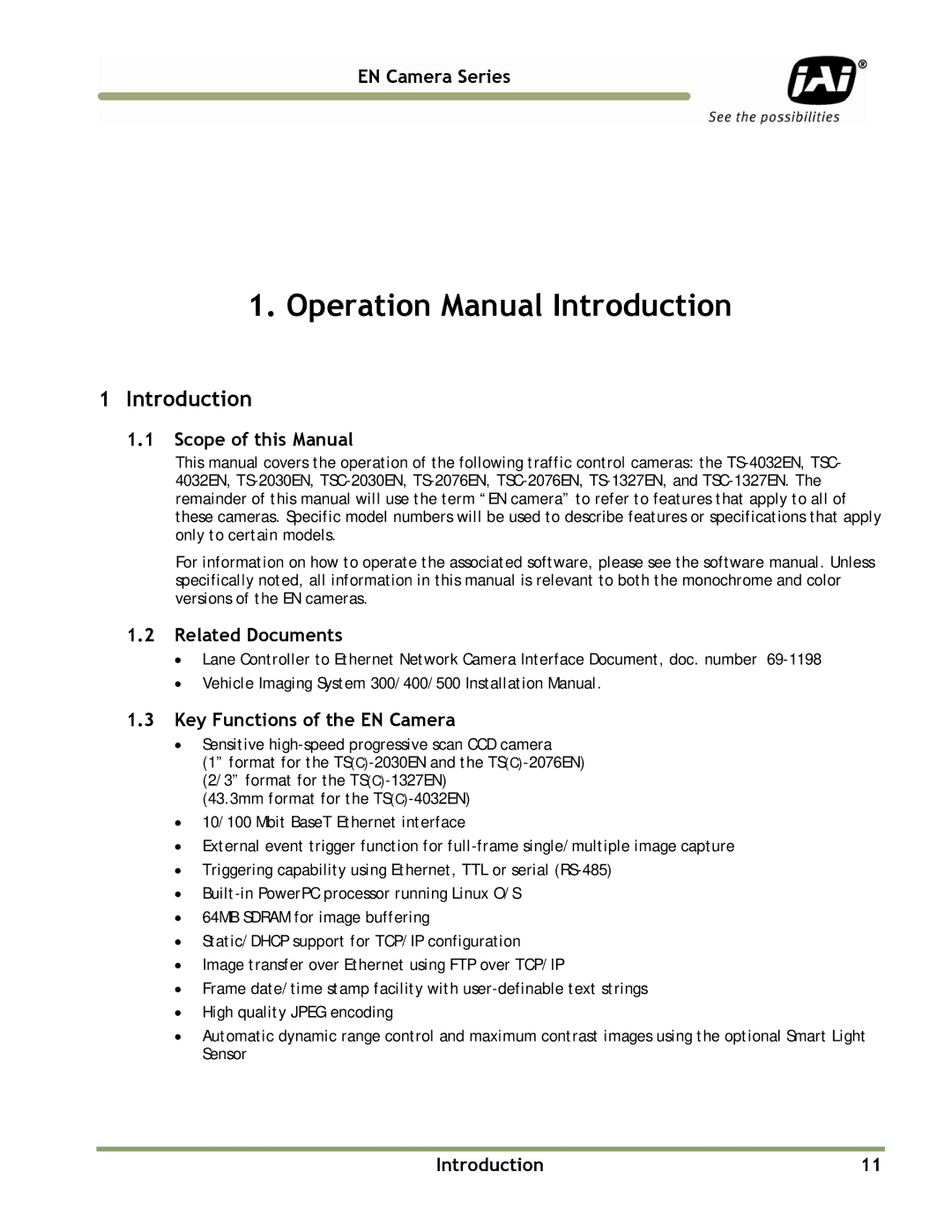 JAI TS(C)-4032EN, TS(C)-2076EN manual Introduction, Scope of this Manual, Related Documents, Key Functions of the EN Camera 