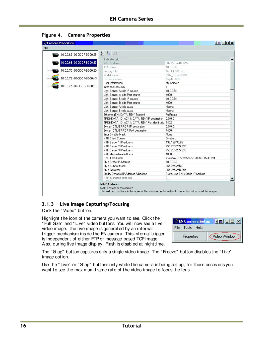 JAI TS(C)-2076EN, TS(C)-1327EN, TS(C)-2030EN, TS(C)-4032EN manual Camera Properties Live Image Capturing/Focusing 