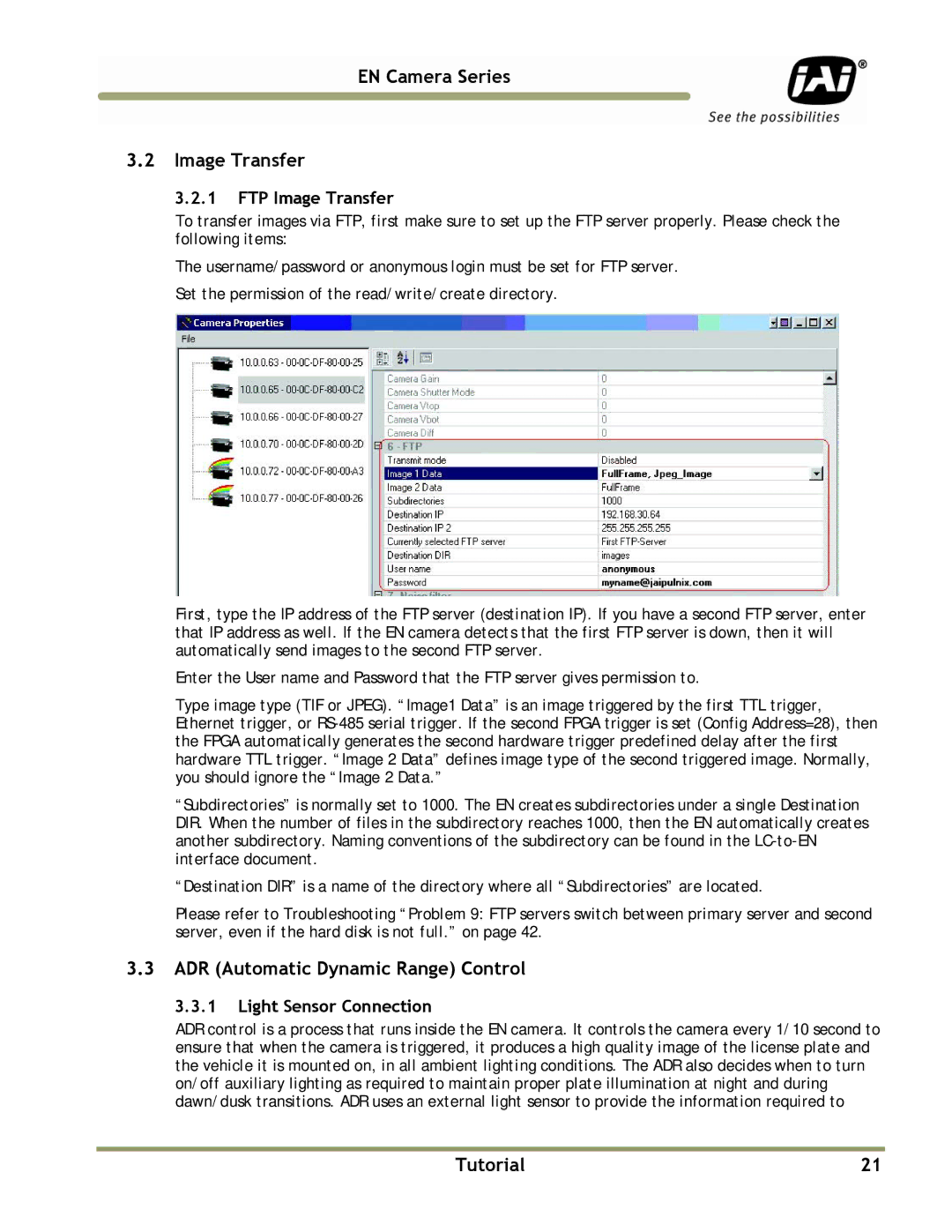 JAI TS(C)-1327EN, TS(C)-2076EN EN Camera Series Image Transfer, ADR Automatic Dynamic Range Control, FTP Image Transfer 