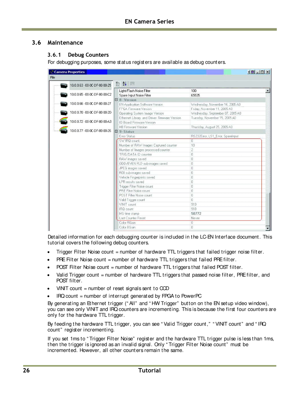 JAI TS(C)-2030EN, TS(C)-2076EN, TS(C)-1327EN, TS(C)-4032EN manual EN Camera Series Maintenance, Debug Counters 