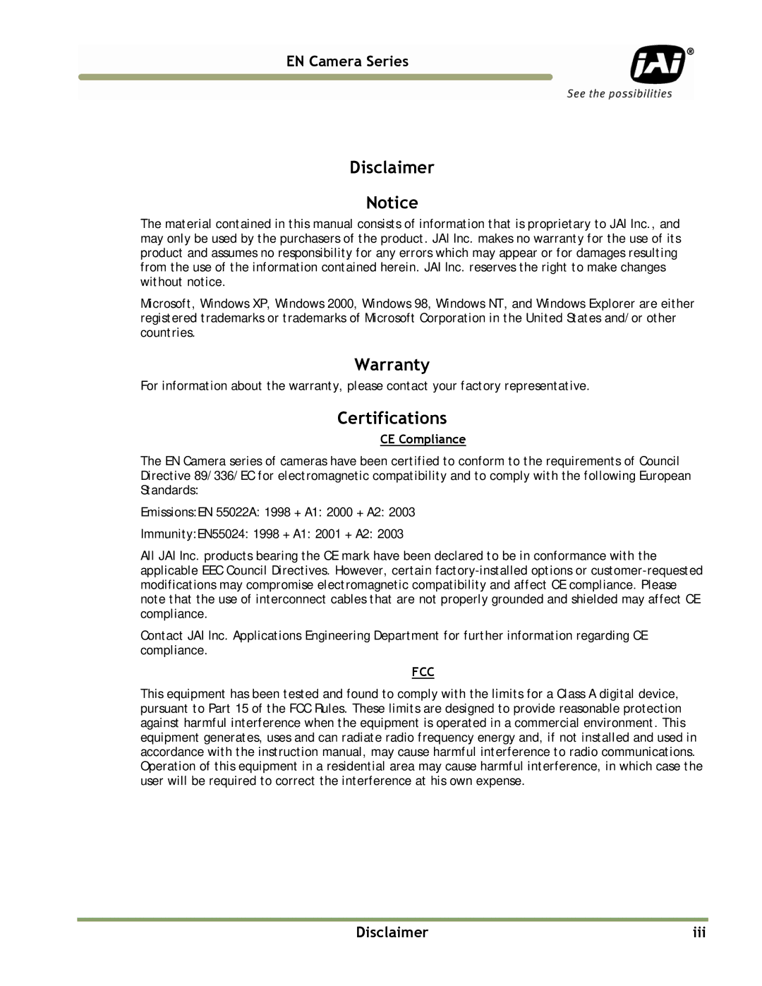 JAI TS(C)-4032EN, TS(C)-2076EN, TS(C)-1327EN, TS(C)-2030EN manual Disclaimer, Warranty, Certifications, EN Camera Series 