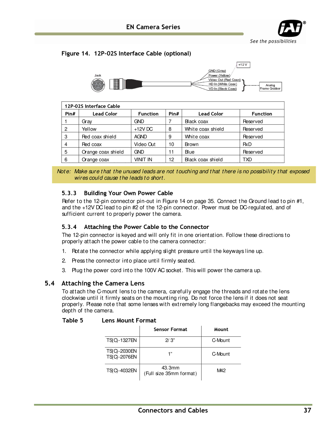 JAI TS(C)-1327EN Attaching the Camera Lens, Building Your Own Power Cable, Attaching the Power Cable to the Connector 