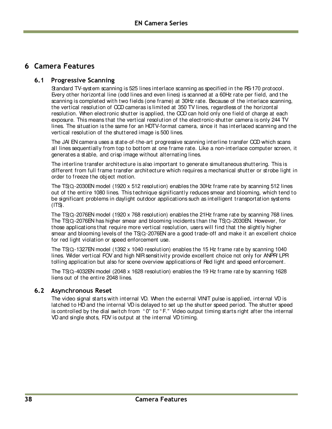 JAI TS(C)-2030EN, TS(C)-2076EN, TS(C)-1327EN, TS(C)-4032EN manual Camera Features, Progressive Scanning, Asynchronous Reset 