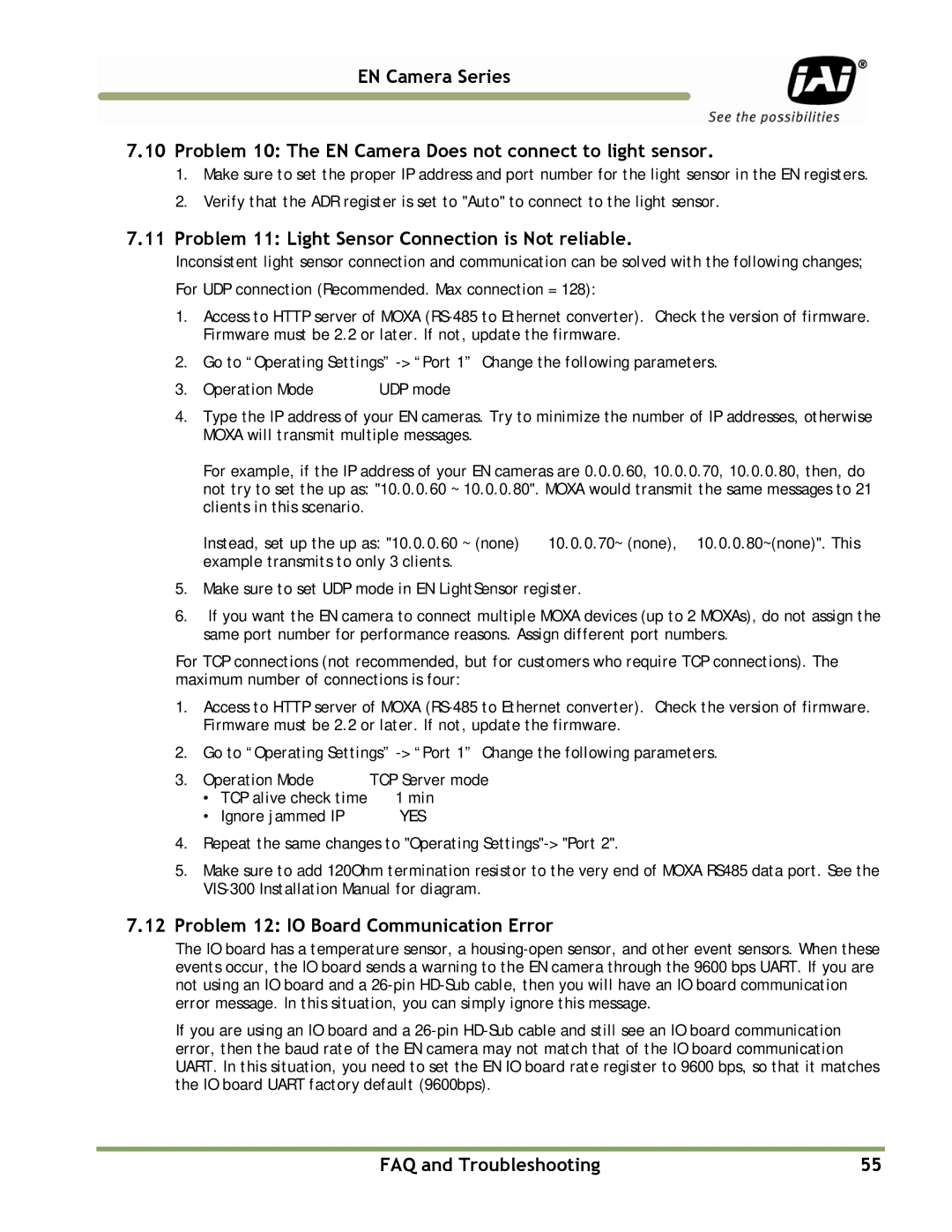 JAI TS(C)-4032EN, TS(C)-2076EN Problem 11 Light Sensor Connection is Not reliable, Problem 12 IO Board Communication Error 