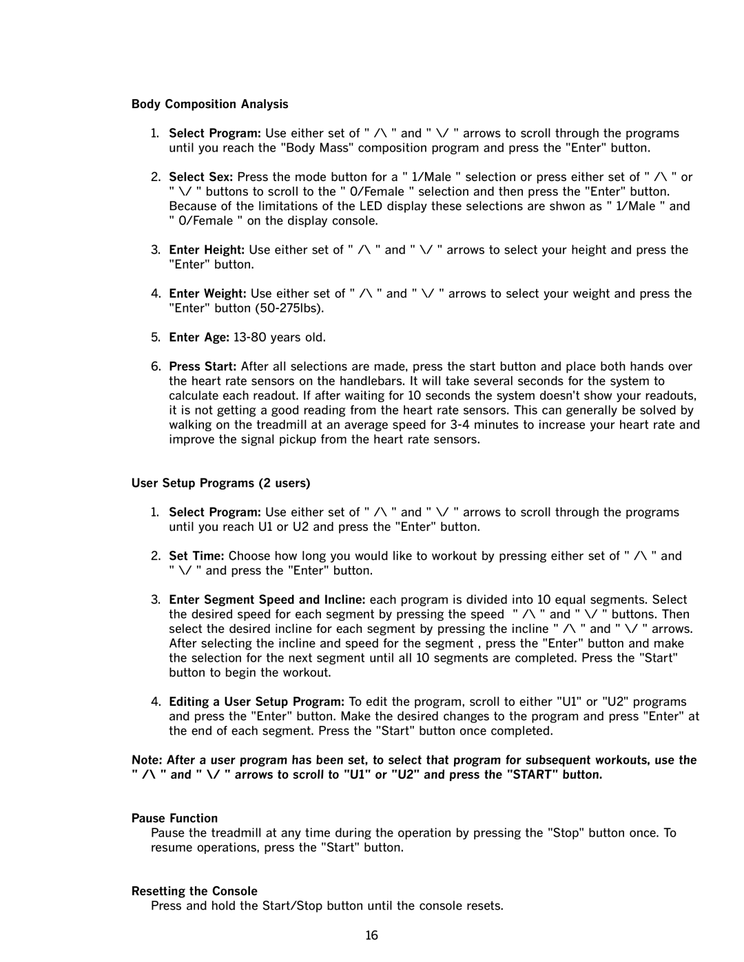 JAKKS Pacific TR500 manual Body Composition Analysis, User Setup Programs 2 users, Pause Function, Resetting the Console 