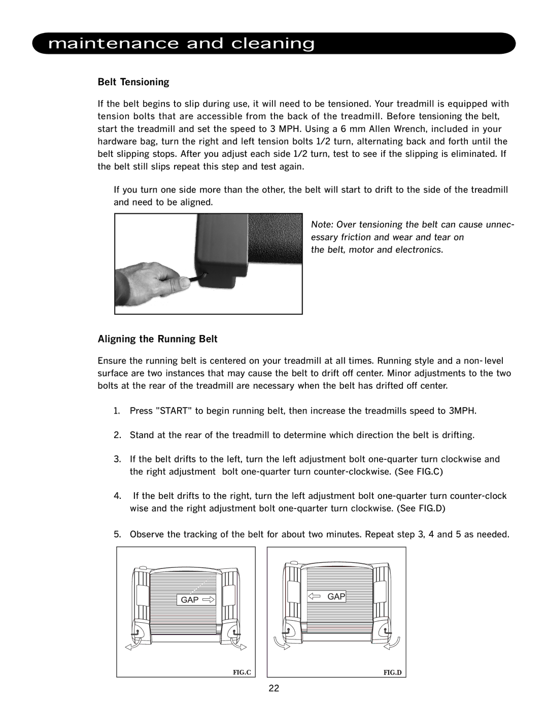 JAKKS Pacific TR500, TR1000-TV manual Maintenance and cleaning, Belt Tensioning, Aligning the Running Belt 