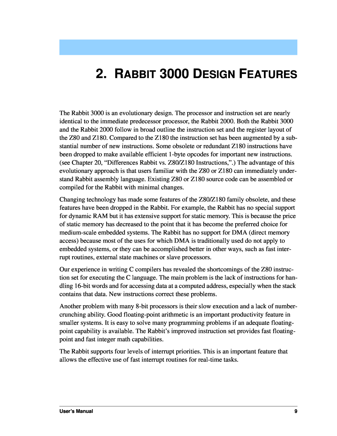 Jameco Electronics 2000 manual RABBIT 3000 DESIGN FEATURES, User’s Manual 