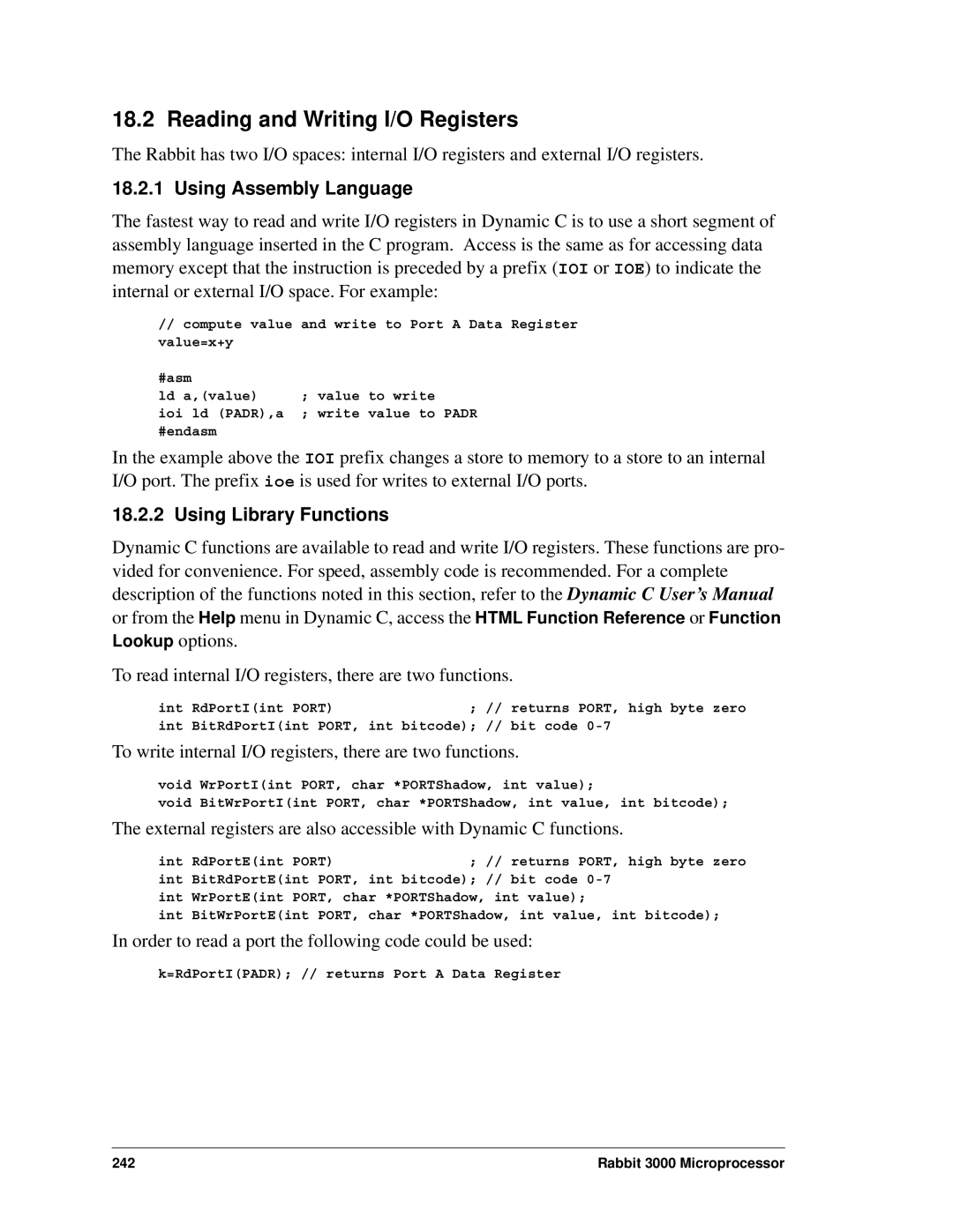 Jameco Electronics 2000, 3000 manual Reading and Writing I/O Registers, Using Assembly Language, Using Library Functions 