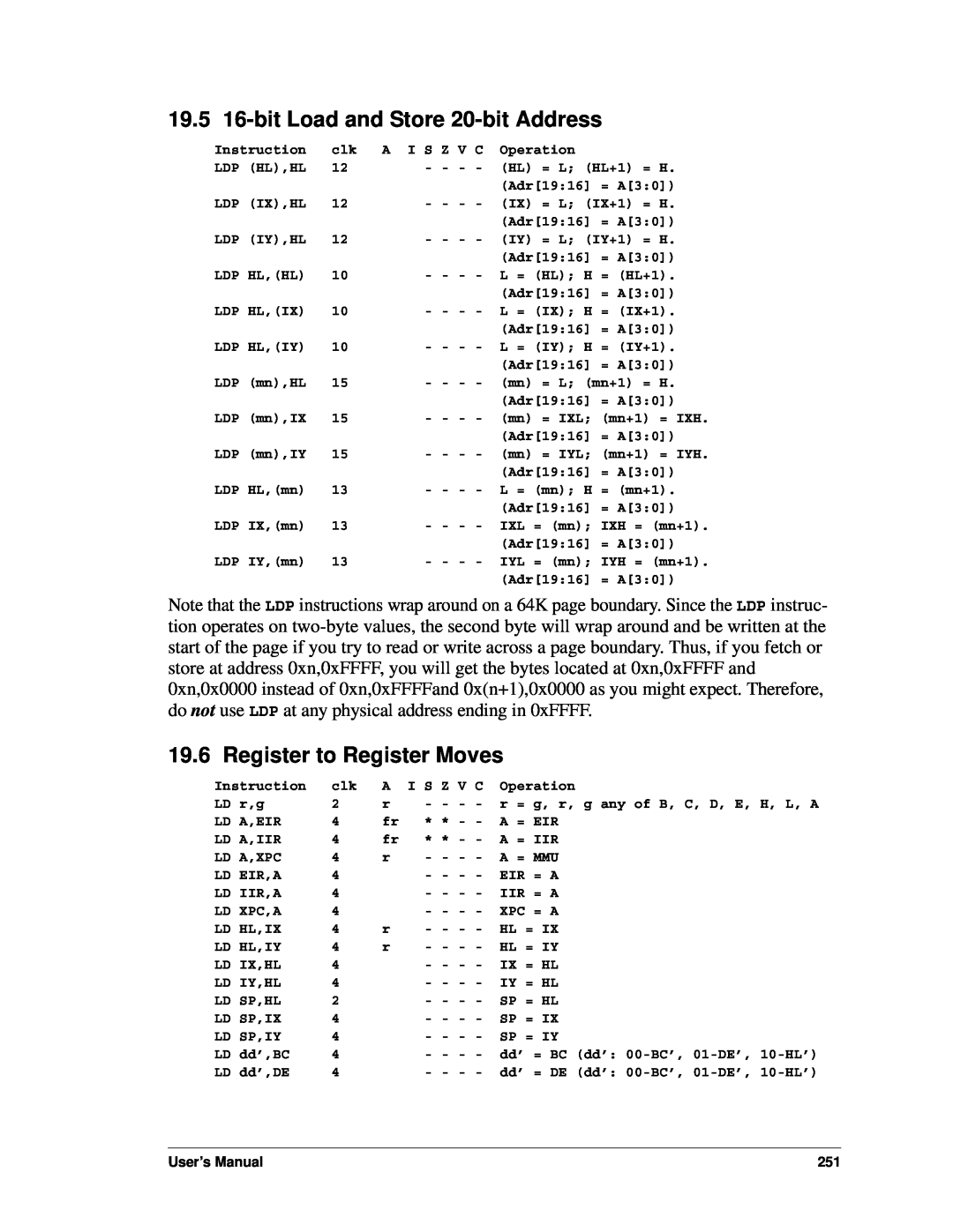 Jameco Electronics 3000, 2000 manual 19.5 16-bitLoad and Store 20-bitAddress, Register to Register Moves, User’s Manual 