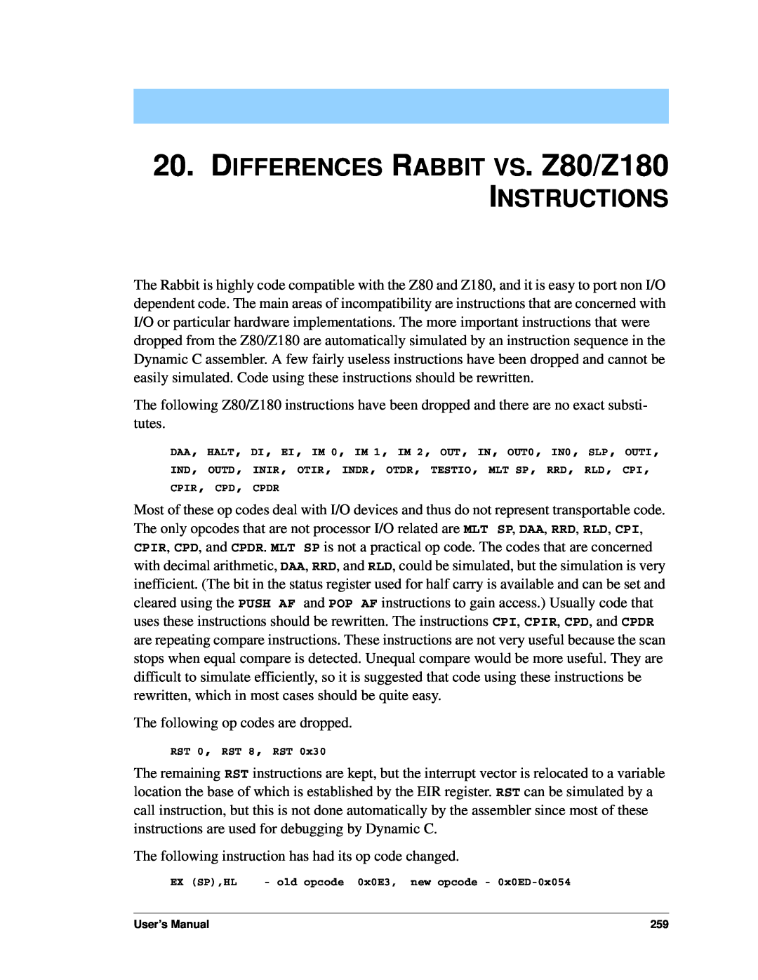Jameco Electronics 3000, 2000 manual DIFFERENCES RABBIT VS. Z80/Z180 INSTRUCTIONS 