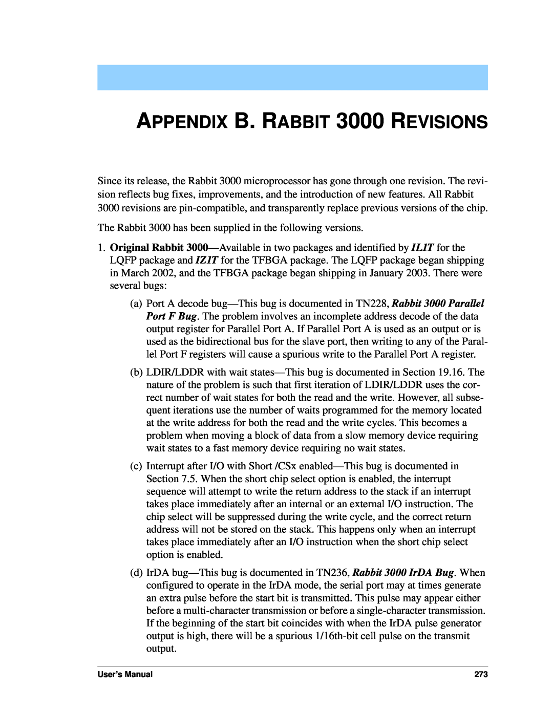 Jameco Electronics 2000 manual APPENDIX B. RABBIT 3000 REVISIONS, User’s Manual 
