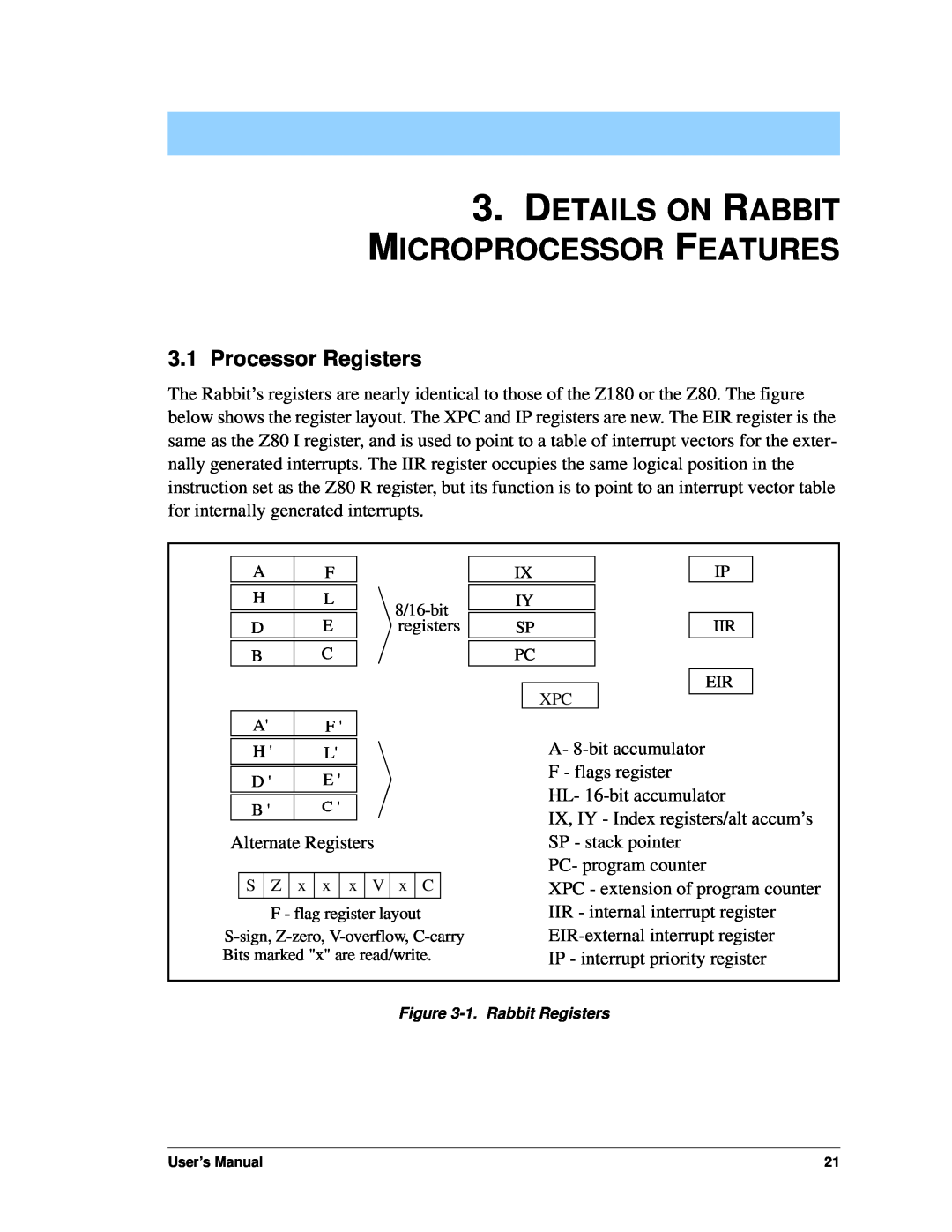 Jameco Electronics 3000, 2000 manual Details On Rabbit Microprocessor Features, 3.1Processor Registers 