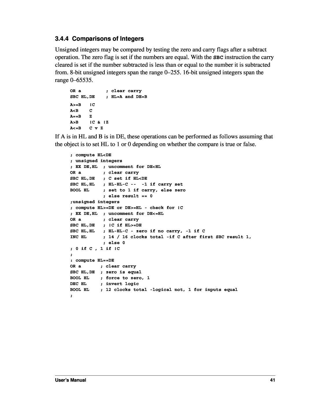 Jameco Electronics 3000, 2000 manual Comparisons of Integers, User’s Manual 