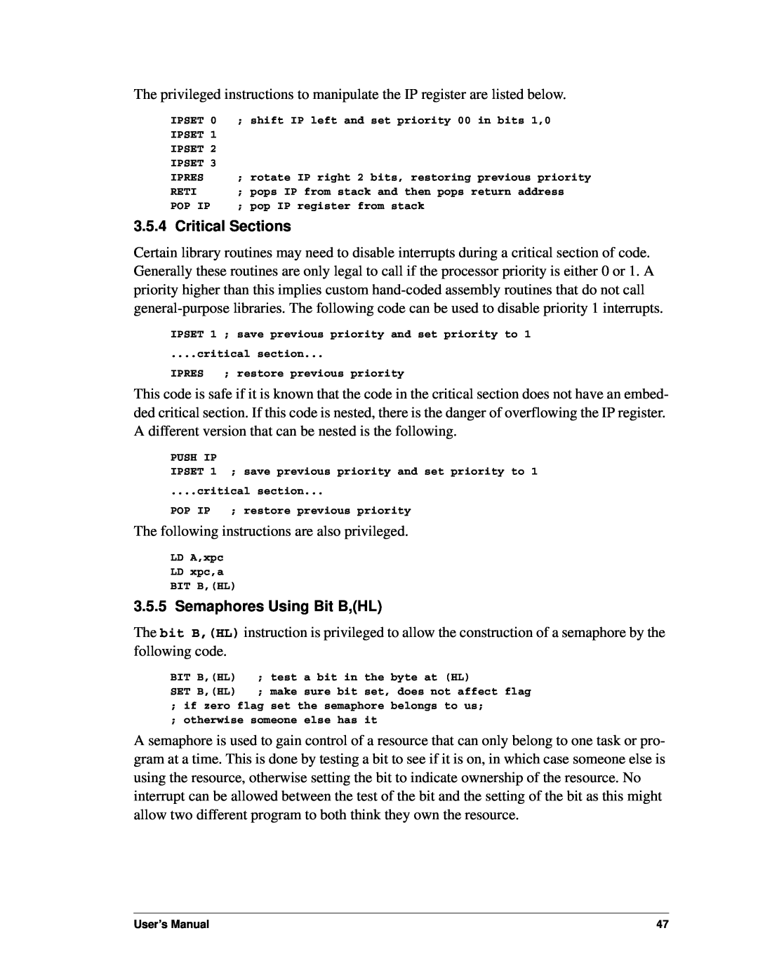Jameco Electronics 3000, 2000 manual Critical Sections, Semaphores Using Bit B,HL 
