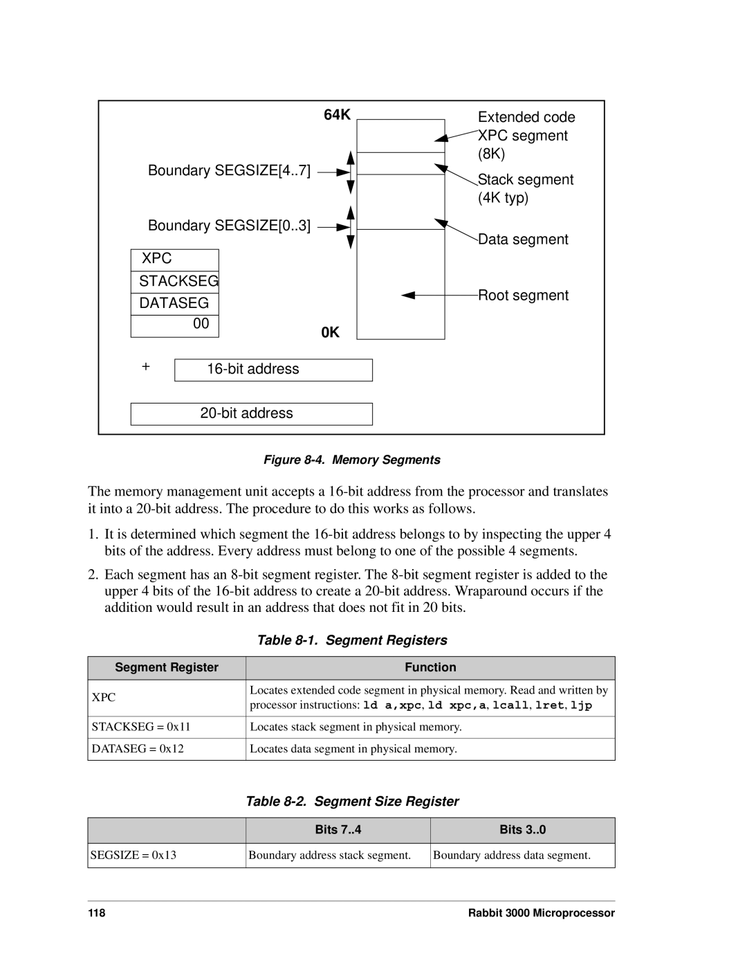 Jameco Electronics 2000, 3000 manual 64K, Segment Registers, Segment Size Register, Segment Register Function 