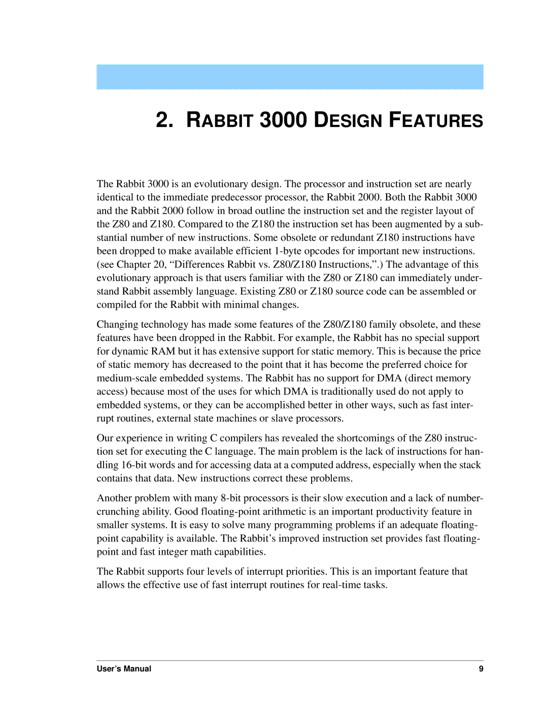 Jameco Electronics 2000 manual Rabbit 3000 Design Features 