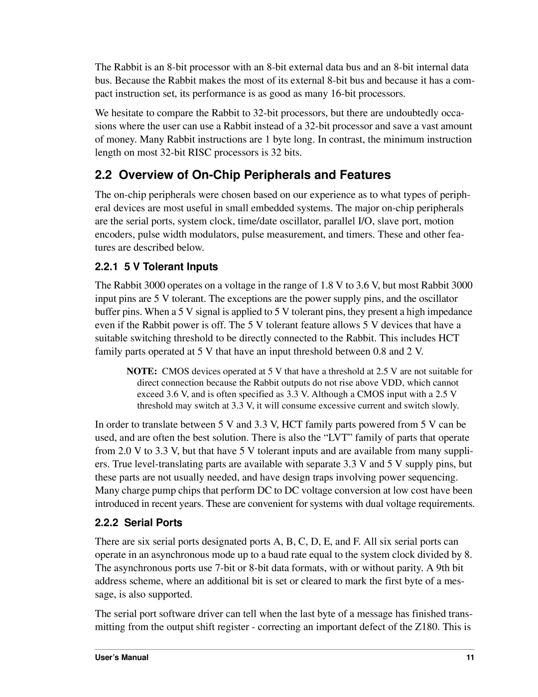 Jameco Electronics 3000, 2000 manual Overview of On-Chip Peripherals and Features, 1 5 V Tolerant Inputs, Serial Ports 