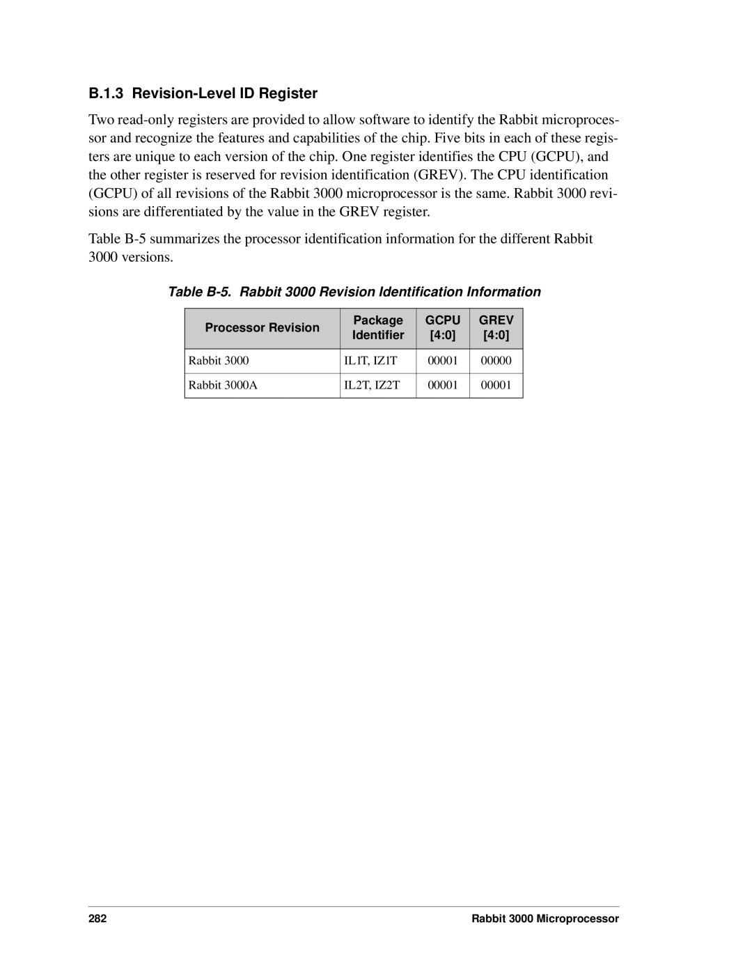 Jameco Electronics 2000 Revision-Level ID Register, Table B-5. Rabbit 3000 Revision Identification Information, Gcpu Grev 