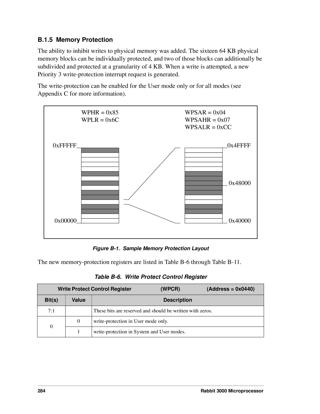 Jameco Electronics 2000, 3000 manual Memory Protection, Table B-6. Write Protect Control Register, Wpcr 