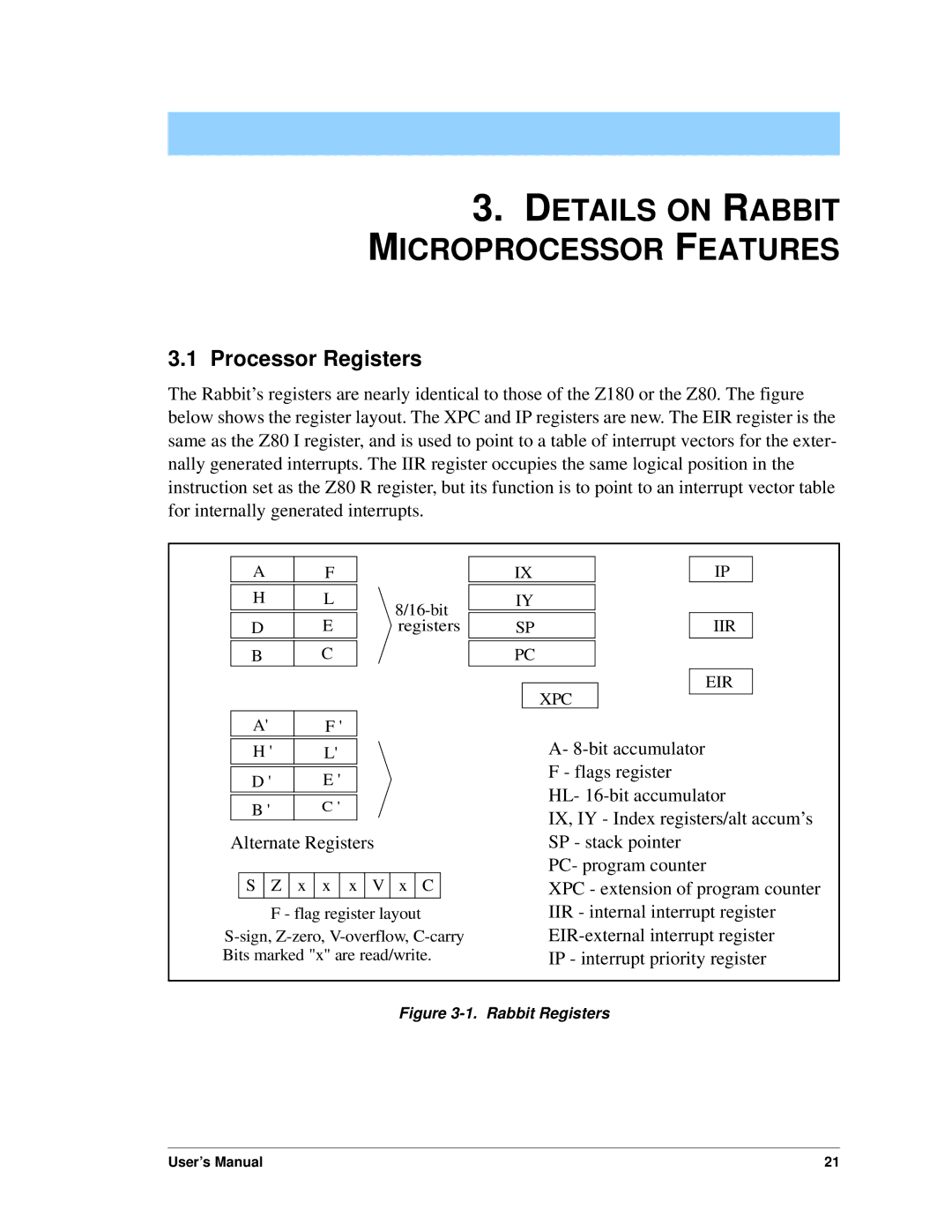 Jameco Electronics 3000, 2000 manual Details on Rabbit Microprocessor Features, Processor Registers 