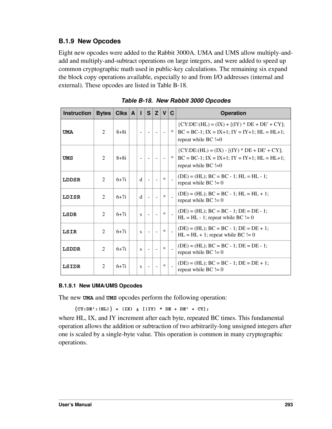 Jameco Electronics 2000 manual New Opcodes, Table B-18. New Rabbit 3000 Opcodes, Instruction Bytes Clks Operation 