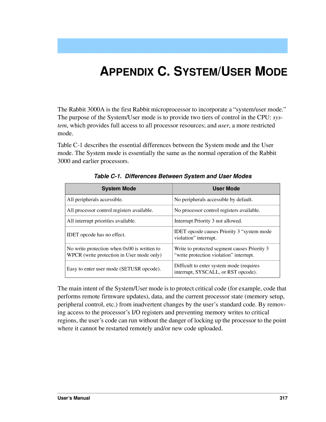 Jameco Electronics 3000, 2000 manual Appendix C. SYSTEM/USER Mode, Table C-1. Differences Between System and User Modes 