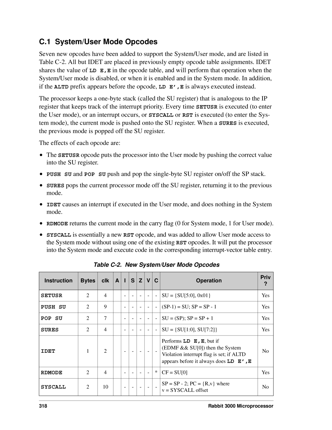 Jameco Electronics 2000, 3000 manual Table C-2. New System/User Mode Opcodes, Instruction Bytes Clk Operation Priv 