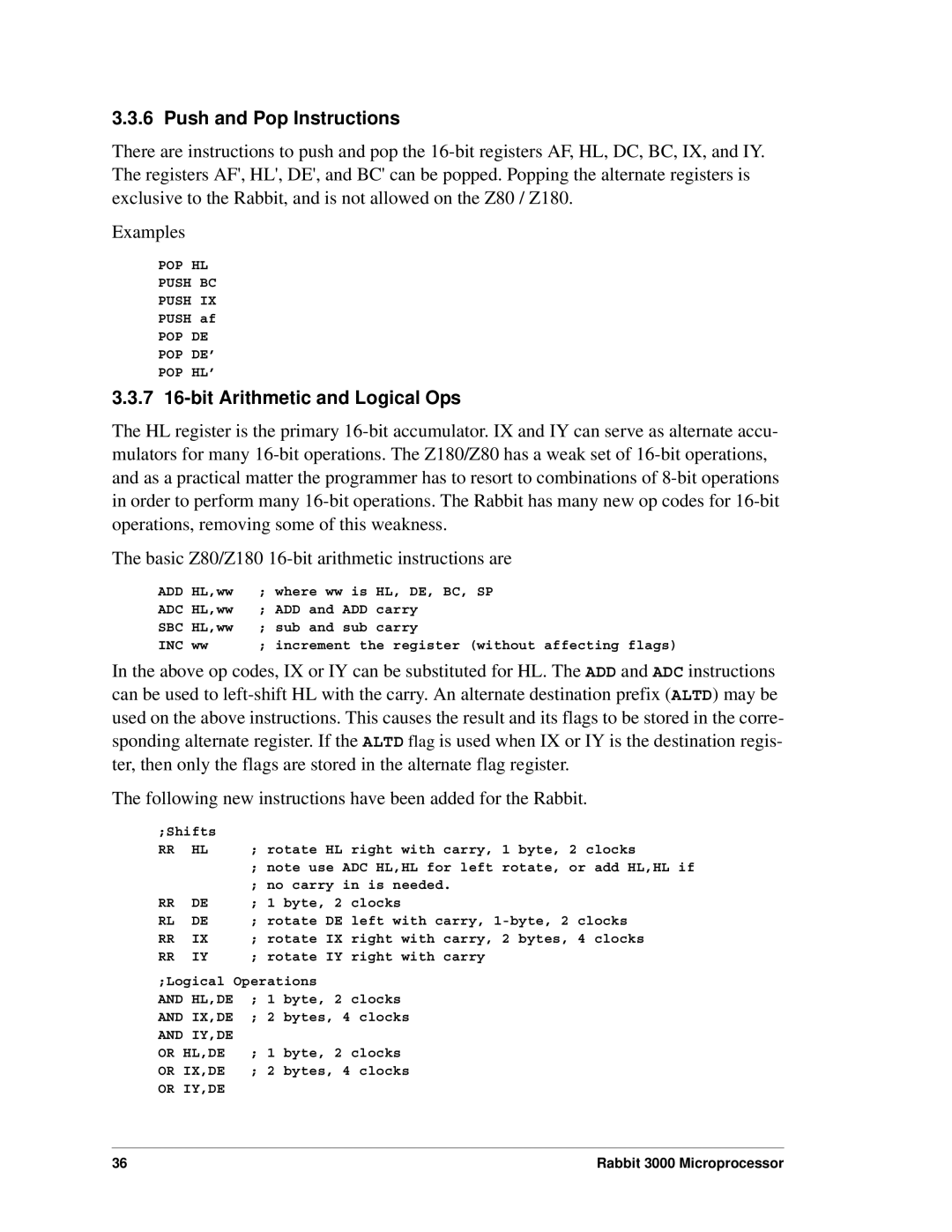 Jameco Electronics 2000, 3000 manual Push and Pop Instructions, 7 16-bit Arithmetic and Logical Ops 