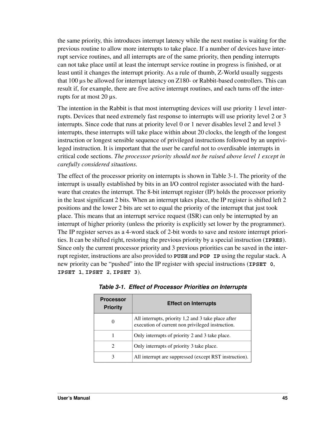 Jameco Electronics 3000, 2000 manual Effect of Processor Priorities on Interrupts, Processor Priority Effect on Interrupts 