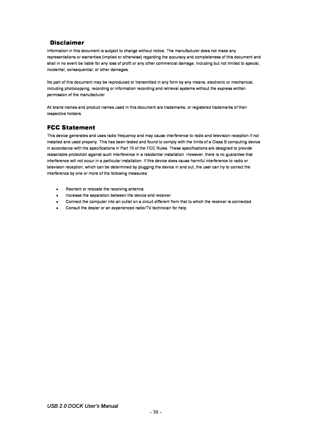 Jameco Electronics 527822 manual Disclaimer, FCC Statement, USB 2.0 DOCK User’s Manual 