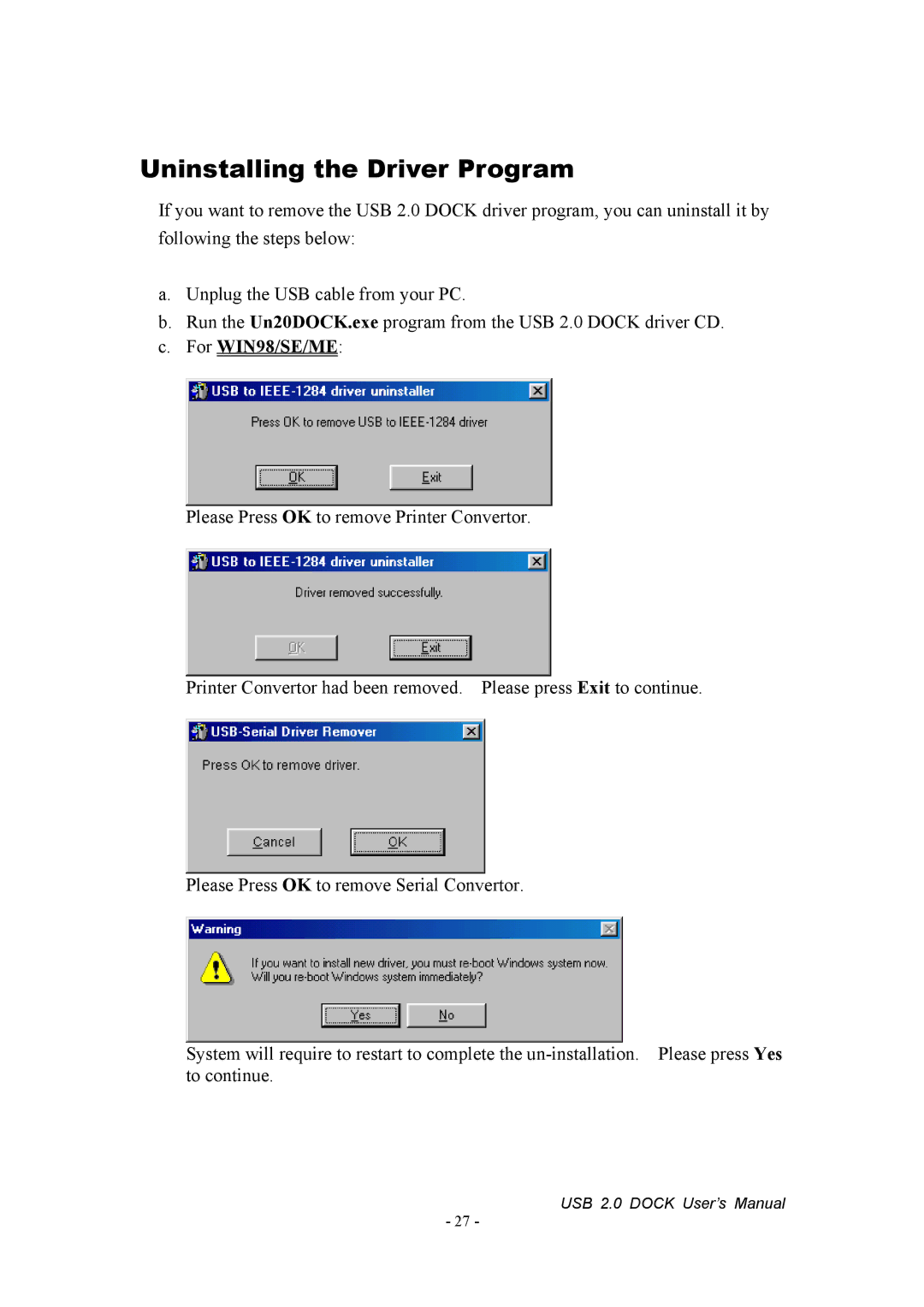 Jameco Electronics 527822 manual Uninstalling the Driver Program 