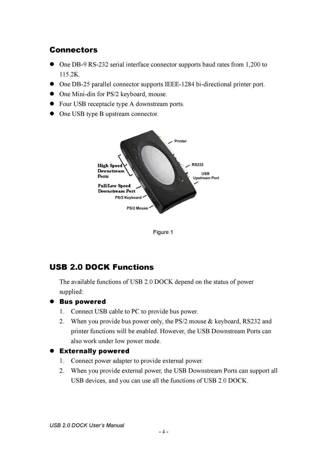 Jameco Electronics 527822 manual Connectors, USB 2.0 Dock Functions 