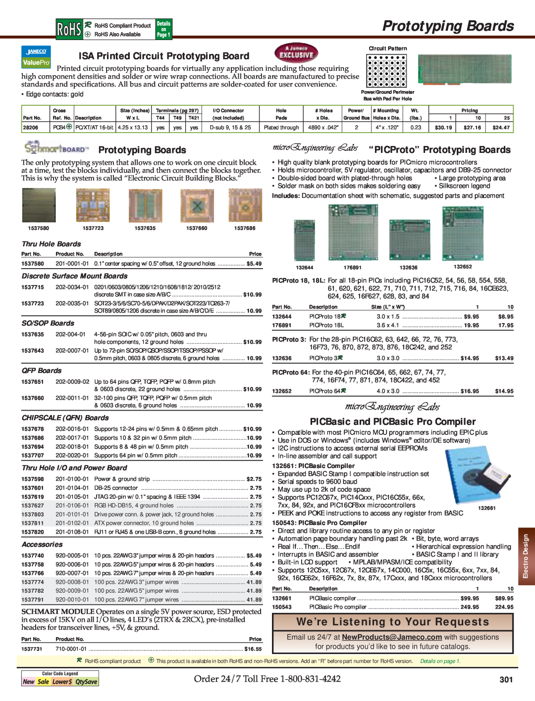 Jameco Electronics specifications ISA Printed Circuit Prototyping Board, “PICProto” Prototyping Boards, SO/SOP Boards 