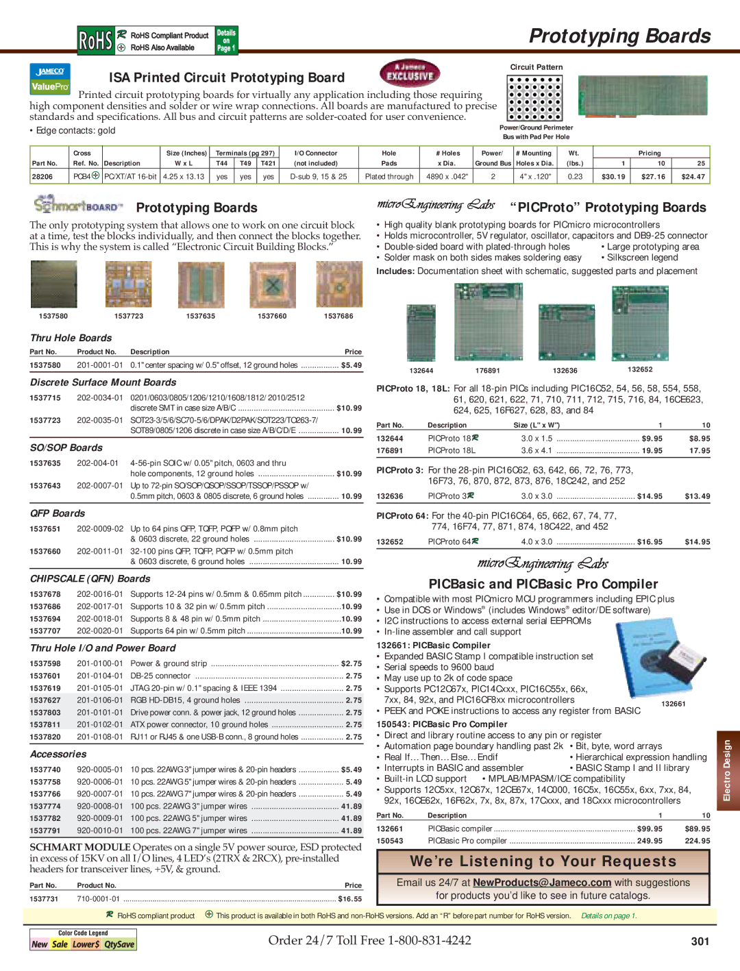 Jameco Electronics specifications ISA Printed Circuit Prototyping Board, PICProto Prototyping Boards 